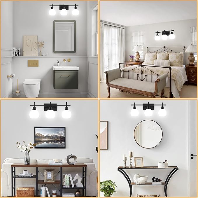 Modern Vanity Lighting Fixtures,3-Light Black Bathroom Lighting Fixtures Over Mirror，Bathroom Wall Mounted Vanity Light with Milky White Glass Lampshade for Living Room，Bedroom，Hallway