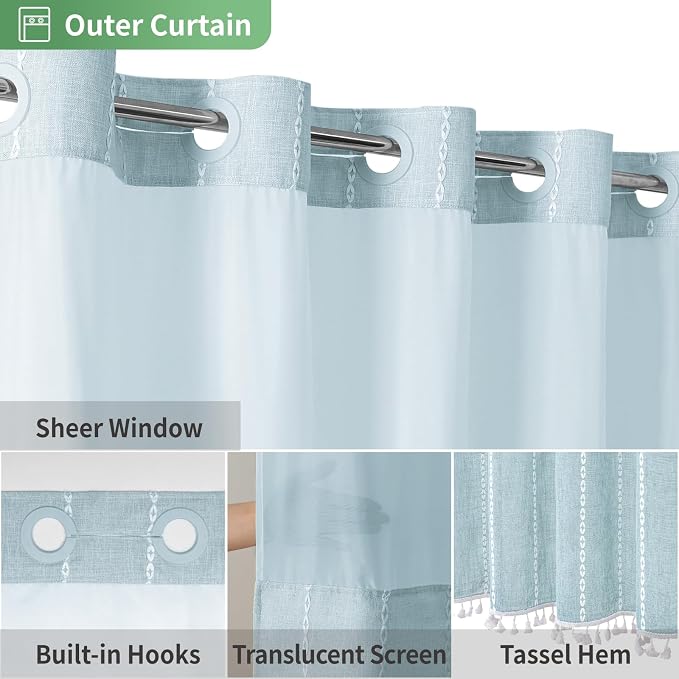 eachope Long No Hook Shower Curtain Set with Snap-in Liner,71x80,Fog Blue | 330GSM Thick Linen Textured Striped,Boho Farmhouse Rustic Luxury Bathroom Curtain with Tassels,Mesh Window,Water-Repellent
