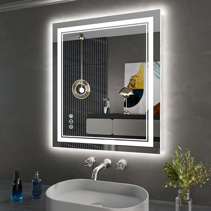 24X30 Inch LED Bathroom Mirror with Lights | Front and Backlit, 3 Colors, Dimmable, Memory, Anti Fog, Shatterproof, Horizontal/Vertical, Lighted Mirrors for Bathroom Wall