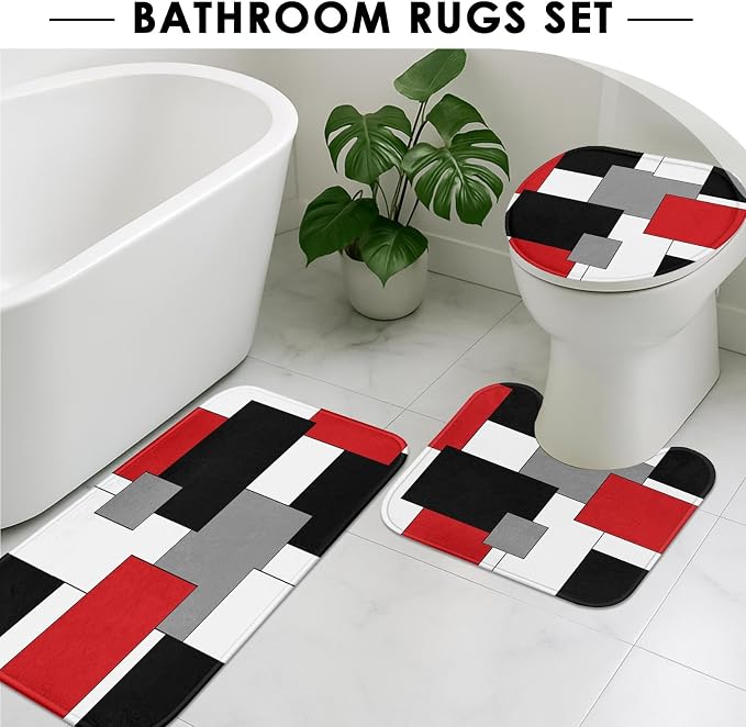 Bathroom Sets with Shower Curtain and Rugs, 4 Pcs, Red Geometric | Checkered Abstract Art Modern Bathroom Decor Set with Toilet Lid Cover, Non-Slip Bath Mats and Accessories 12 Hooks