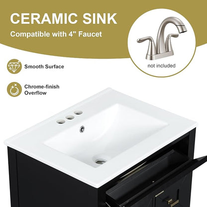 Merax 24 Inch Bathroom Vanities with Undermount Ceramic Sink, Tip-Over Drawer and Side Drawers, Soft Closing Door with Shelf, Solid Wood Frame, Black