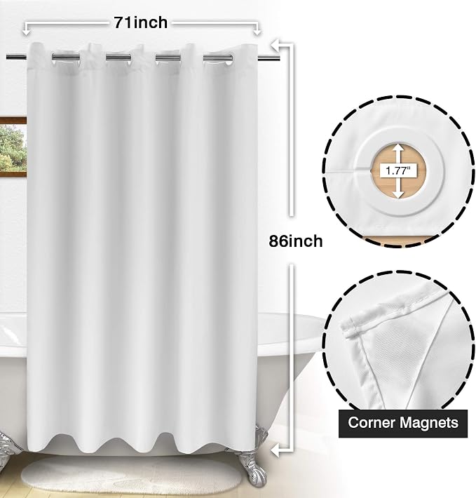 River Dream Extra Long No Hook Shower Curtain TPU Lining, White, 71x86 | No Required Liner, Hotel Fabric Shower Curtain for Bathroom, Bottom Magnets & Waterproof, 71W x 86H(84H)