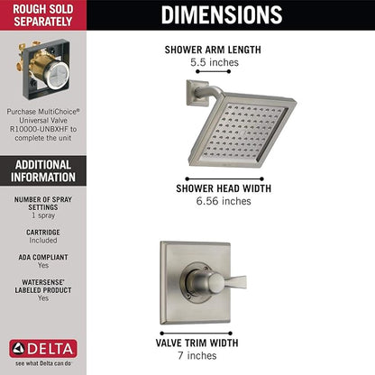 Delta Faucet Dryden 14 Series Single-Function Shower Trim Kit with Single-Spray Touch-Clean Shower Head, Stainless, 2.0 GPM Water Flow, T14251-SS-WE (Valve Not Included)