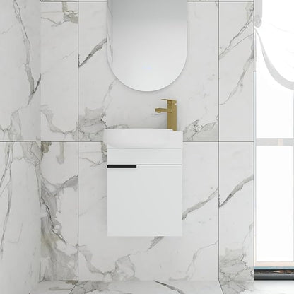 16 Inch Floating Vanity with Sink, 16'' Wall Mounted Bathroom Cabinet for Small Bathrooms, Ceramic Basin & Soft-Closed Door, White Modern Vanity Set