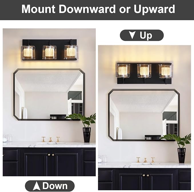 Somniferous 3-Light LED Vanity Light, Modern Bathroom Light Fixtures Over Mirror with Clear Glass Shades, 3000K/4000K/5000K Selectable, Dimmable Matte Black Vanity Lights for Bathroom