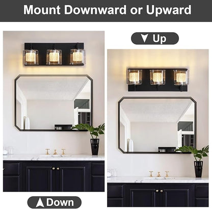 Somniferous 3-Light LED Vanity Light, Modern Bathroom Light Fixtures Over Mirror with Clear Glass Shades, 3000K/4000K/5000K Selectable, Dimmable Matte Black Vanity Lights for Bathroom