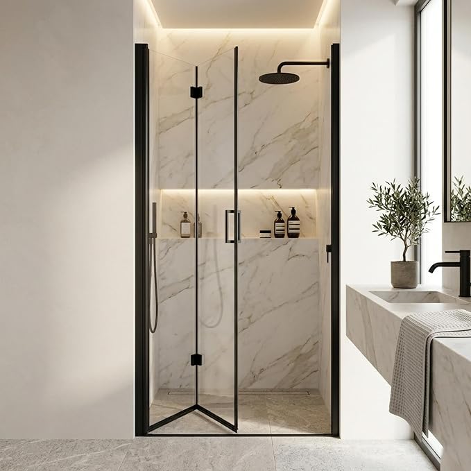 32-33.2" W x 72" H Frameless Bifold Pivot Swing Shower Door | 1/4" (6mm) Clear SGCC Tempered Glass with a space-saving folding Bathroom Door, Reversible Installation, Matte Black Finish
