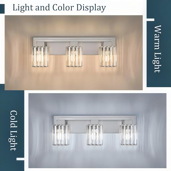 Brushed Nickel Bathroom Light Fixtures, 3-Light Vanity Light Over Mirror | Wall Sconces with Square Crystal Shades, E26 Socket, Modern Vanity Lights for Bathroom (Bulbs Not Included)