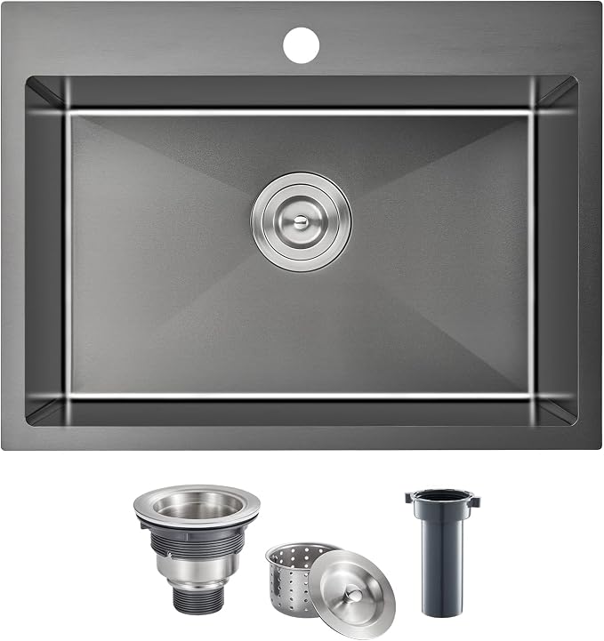 20 x 16 Inch Drop in Kitchen Sink 18 Gauge Stainless Steel | Single Bowl Topmount Bar Sink, Black Finish, Compact Basin for Small Kitchen, RV and Prep Area