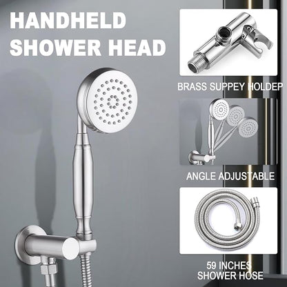 Enga Antique Shower Faucet Sets Dual Heads with Tub Spout 8" Ceiling & 6" Wall Mount Vintage Shower Head Handheld Spray Combo, 4 Way Diverter Brass Rough in with Trim Kit, Brushed Nickel