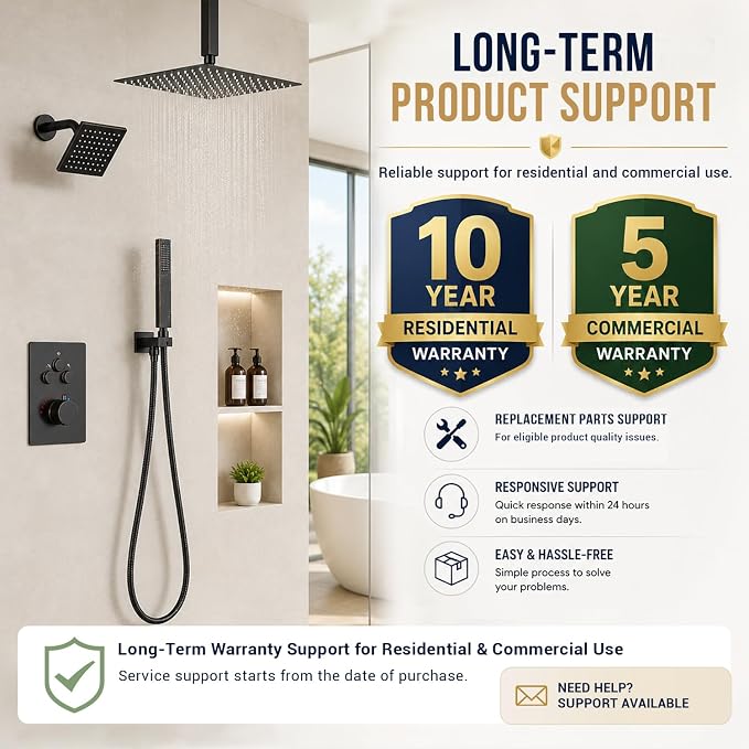Thermostatic Dual Shower System, Oil Rubbed Bronze Shower Faucet | 12 Inch Ceiling Rainfall Shower, 6 Inch Wall Mount Head, High Pressure Handheld Sprayer, Push Button Valve
