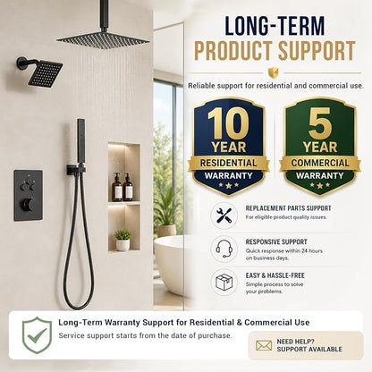 Thermostatic Dual Shower System, Oil Rubbed Bronze Shower Faucet | 12 Inch Ceiling Rainfall Shower, 6 Inch Wall Mount Head, High Pressure Handheld Sprayer, Push Button Valve