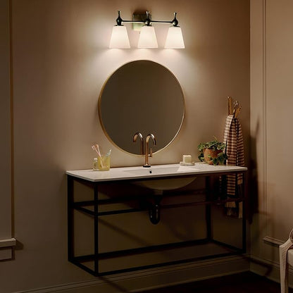 Kichler Cosabella 3 Light in Champagne Bronze with Satin Etched Cased Opal Glass Shades for Bathrooms and Powder Rooms, 24" W x 10.25" H, 55092CPZ
