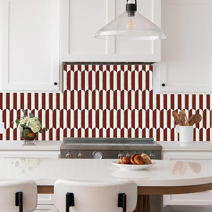 Vamos Tile Peel and Stick Backsplash Seamless Tile,Fish Scale,Matt,10-Sheet | 11.9''x10.8'',White & Red PVC+Light Gold Stick on Backsplash Tile for Kitchen & Bathroom & Laundry & Camper