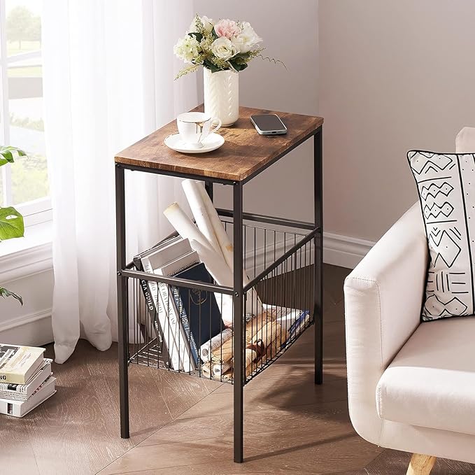 VECELO Tall Night Stand with Metal Basket,End Table with Shelf Storage Organizer, Wood Nightstand for Bedroom, Living Room,Bathroom