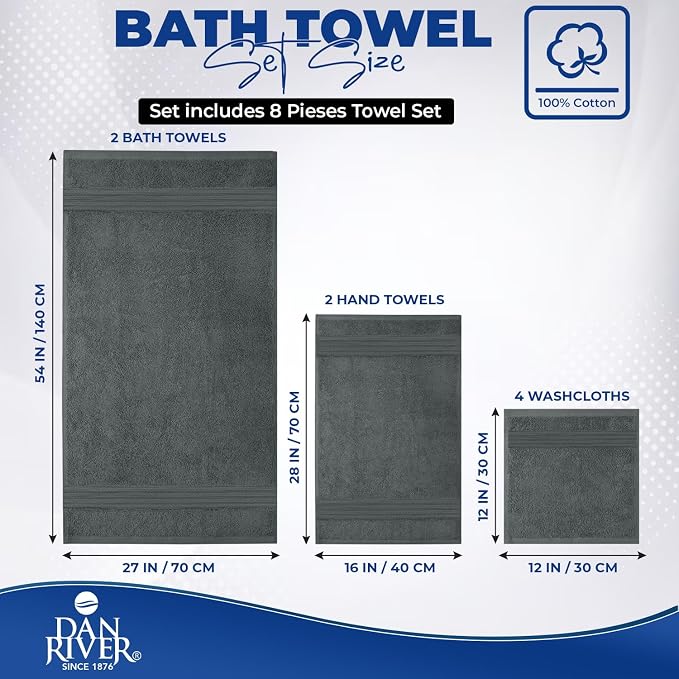 DAN RIVER 8 Piece Luxury Bath Towels for Bathroom, Towel Set, Gray | 2 Bath towels, 2 Hand towels, and 4 Wash Cloths, 600 GSM 100% Ring Spun Cotton, Highly Absorbent, Gym, Hotel, guest, and Spa