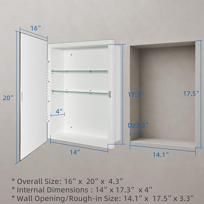 IDYLLOR Bathroom Medicine Cabinet with Beveled Edge Mirrored Door 16 x 20 inch, Recessed or Surface Mount, with Adjustable Glass Shelves