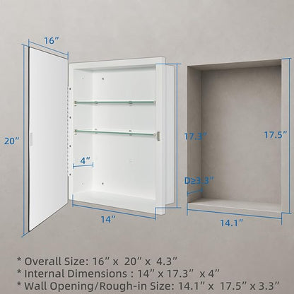 IDYLLOR Bathroom Medicine Cabinet with Beveled Edge Mirrored Door 16 x 20 inch, Recessed or Surface Mount, with Adjustable Glass Shelves