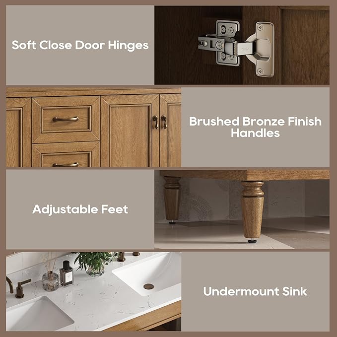 60 Inch Bathroom Vanity with Sink Combo, Classic Cabinet with Countertop & Backsplash, Solid Wood with Soft Closing Doors & Dovetail Drawers, Ceramic Sink, Light Walnut