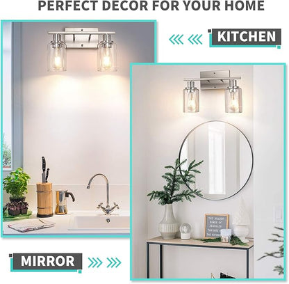 ShineTech 2-Light Bathroom Vanity Light Fixture, Brushed Nickel Bathroom Light Fixtures Over Mirror, Modern Wall Mounted Bathroom Lighting with Clear Glass Shade for Bathroom, Bedroom, Hallway
