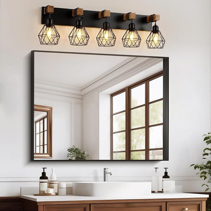 maesta 5 Light Bathroom Vanity Light, Farmhouse Black Fixture Over Mirror | Farmhouse Bathroom Light Fixtures, Wood & Metal, Anti-Rust, Easy to Install for Rustic Bathroom Hallway
