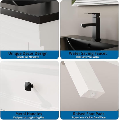 eclife 48" Bathroom Vanity with Sink Combo, Modern Painted Vanities Cabinet with Big Drawers, Opening Bottom Shelf, Raised Foot Pads, Include Undermount Black Sink, Faucet & Drain, White