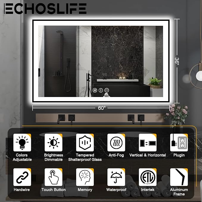 EchosLife 60x36 LED Mirror for Bathroom - Black Aluminum Framed | Black Frame, Front and Backlit, Anti-Fog, Stepless Dimmable, 3 Colors, Memory, Tempered Glass, UL Listed, Horizontal/Vertical
