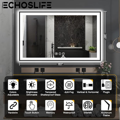 EchosLife 60x36 LED Mirror for Bathroom - Black Aluminum Framed | Black Frame, Front and Backlit, Anti-Fog, Stepless Dimmable, 3 Colors, Memory, Tempered Glass, UL Listed, Horizontal/Vertical