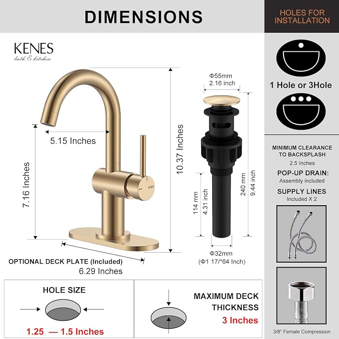 Champagne Bronze Bathroom Faucet 1 Hole, Single Handle Vanity Faucet | Bathroom Sink Faucet with Pop Up Drain & 6 Inch Deck Plate, Lead-Free cUPC & NSF Certified, 1 Handle Faucet for Vanity RV Bar