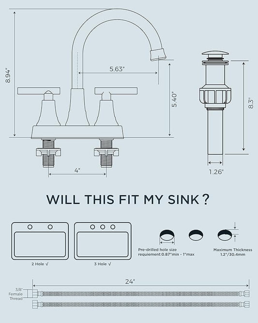 FORIOUS Matte Black Bathroom Faucets, 4 Inch Centerset Bathroom Sink Faucet 2 or 3 Hole with Pop up Drain and cUPC Hose, Two Handles Control, 360° spout for Restroom,Vanity, RV, 2 Pack