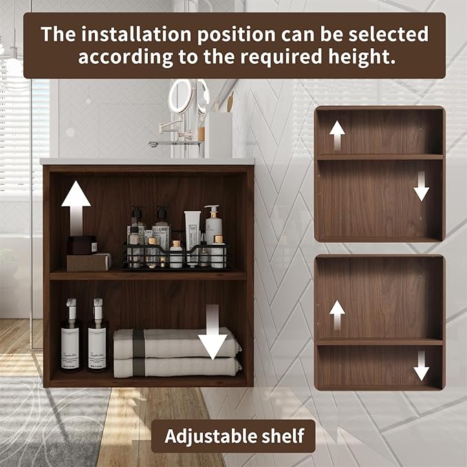 Henf 36 Inch Wall Mount Bathroom Vanity W/Sink Combo, Modern Design Vanity Cabinet with Gel Basin, Floating Mounting Bathroom Cabinet Set with 2 Drawer and Adjustable Storage Shelf,Brown