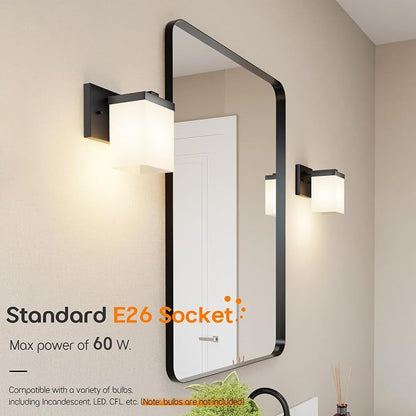 Wall Light Fixture Black Vanity Lighting Over Bathroom Mirror with White Frosted Glass, Wall Lamp for Powder Room Washroom Entrance T003MB-L1