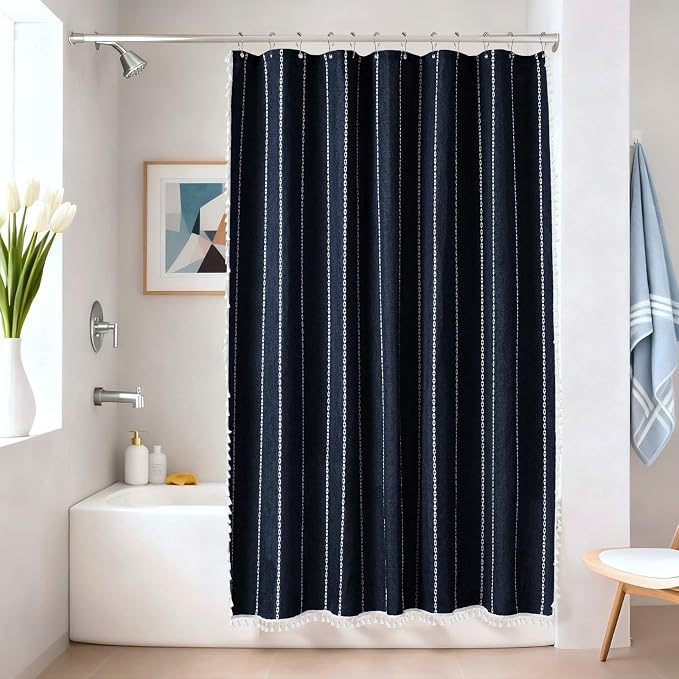 Seenus 72 x 76 inch Extra Long Boho Chic Shower Curtain Heavyweight with Tassels, Navy Linen Textured Fabric Farmhouse Shower Curtain, Elegant White Striped Bathroom Curtain Water Repellent