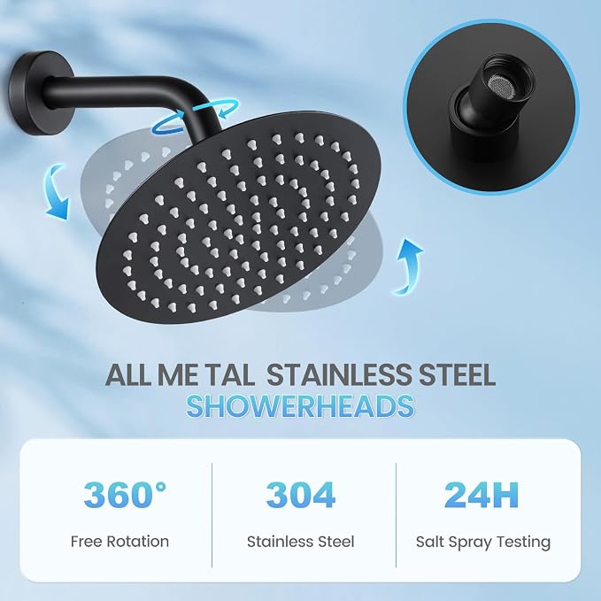 8 Inch Matte Black Round Rainfall Shower Head, All Metal Stainless Steel Rain Shower Heads with 90 Anti-Clog Silicone Nozzles, Wall or Ceiling Mount