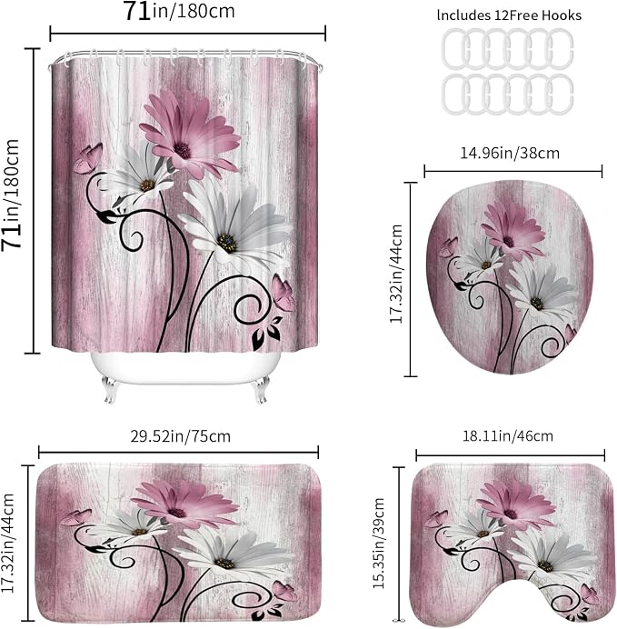 Onalasyc 4PCS Pink Daisy Floral Bathroom Sets with Shower Curtain and Rugs | Country Floral Butterfly Shower Curtain Set,Modern Bathroom Decor Shower Curtains Set with Rugs Toilet Lid Cover and 12 Hooks