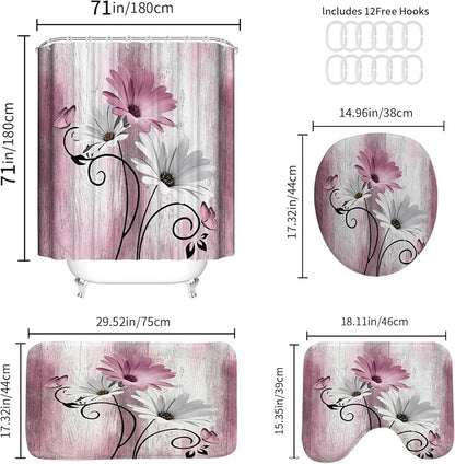 Onalasyc 4PCS Pink Daisy Floral Bathroom Sets with Shower Curtain and Rugs | Country Floral Butterfly Shower Curtain Set,Modern Bathroom Decor Shower Curtains Set with Rugs Toilet Lid Cover and 12 Hooks