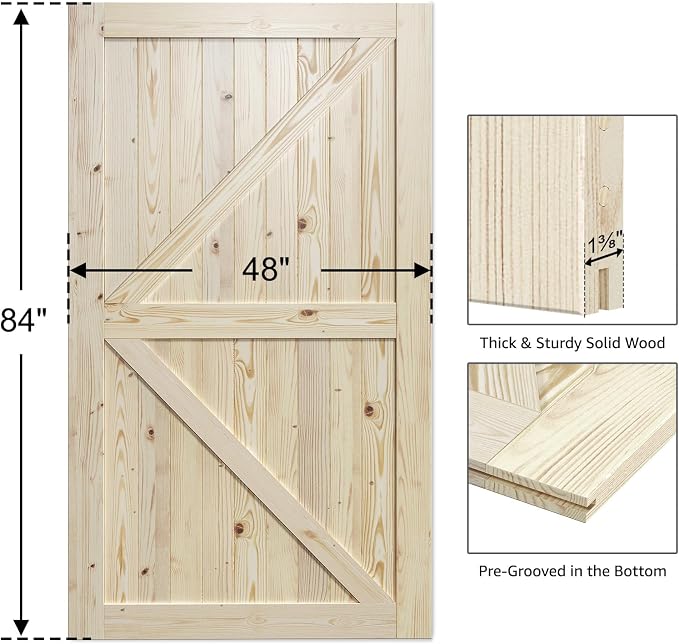 SmartStandard 48in x 84in Sliding Barn Wood Door Pre-Drilled Ready to Assemble, DIY Unfinished Solid Spruce Wood Panelled Slab, Interior Single Door Only, Natural, K-Frame (Fit 8FT Rail) | Pre-Drilled Ready to Assemble, DIY Unfinished Solid Spruce Wood...