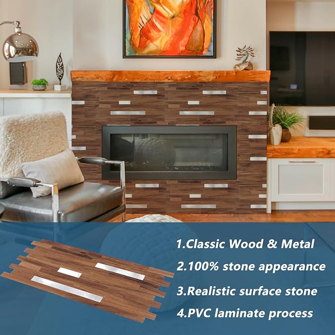 Yipscazo 2 Sheets PVC Wall Tiles Stick on Tiles for Backsplash Kitchen, Bathroom, Laundry Room, Camper, Fireplace (6'' X 12'', Brown Wood)