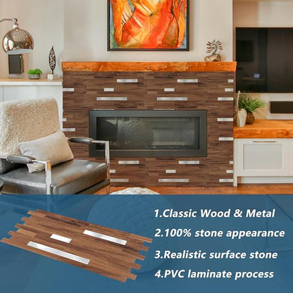 Yipscazo 2 Sheets PVC Wall Tiles Stick on Tiles for Backsplash Kitchen, Bathroom, Laundry Room, Camper, Fireplace (6'' X 12'', Brown Wood)