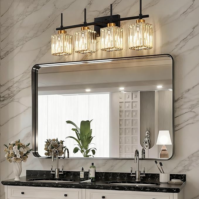 Torondo Modern Crystal Bathroom Vanity Light 4-Lights Gold Bathroom Light Fixtures Over Mirror Black and Gold Vanity Lighting Fixtures Gold Square Shade Brass Wall Sconce (Bulbs Not Include)