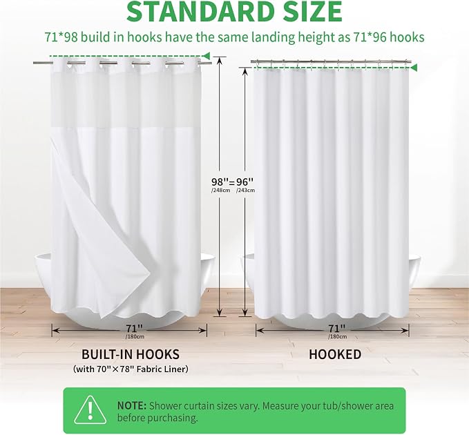eachope No Hook Linen Texture Shower Curtain with Snap-in Liner,71x98 White | Extra Long,230GSM Thick Fabric,Hotel Luxury Decor,Mesh Top Window,Bottom Magnetic,Waterproof & Machine Washable,for Bathroom