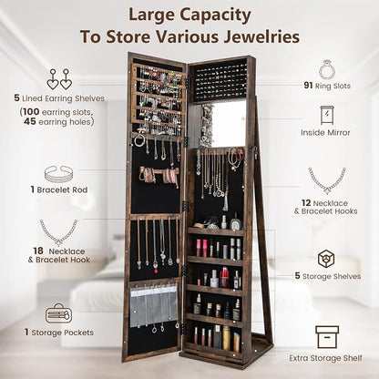 COSTWAY Standing Jewelry Cabinet, Large Capacity Jewelry Organizer w/Full-Length Mirror & Rear Storage Shelves, Lockable Mirror Jewelry Armoire with Keys for Girls Women (Rustic Brown)