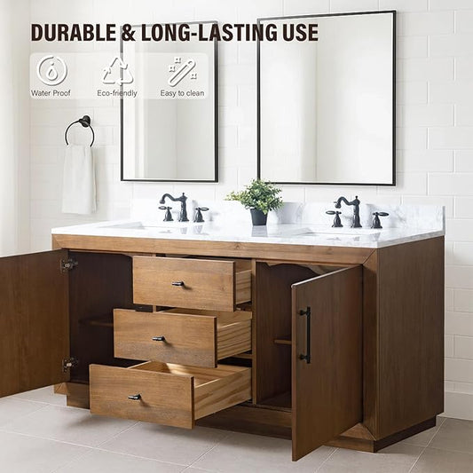 HOMEBEYOND 72" Bathroom Vanity with Double Sink & Ceramic Top, MDF Material Vanity Cabinet with Basin Combo, Soft-Closing Doors, Removable Shelf, Backsplash, Tan