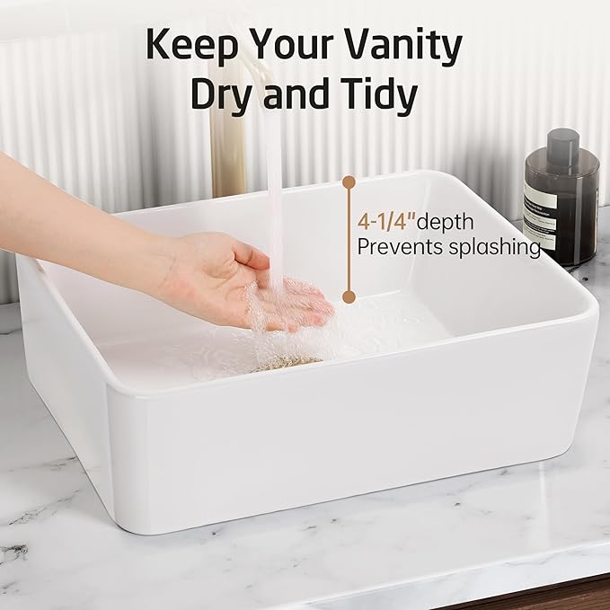 KES Bathroom Vessel Sink, Rectangular 16"X12" White Vessel Sink for Bathroom Countertop, Bathroom Sink Above Counter, Rectangle Porcelain Ceramic Small Vanity Sink, BVS110S40