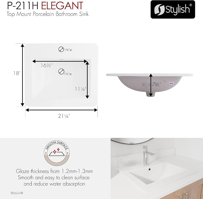 Stylish 21" White Porcelain Top-Mount Bathroom Sink, Rectangular Basin with Overflow Caps, High-Gloss Finish, cUPC Certified, Fits 22″ Cabinets, P-211H