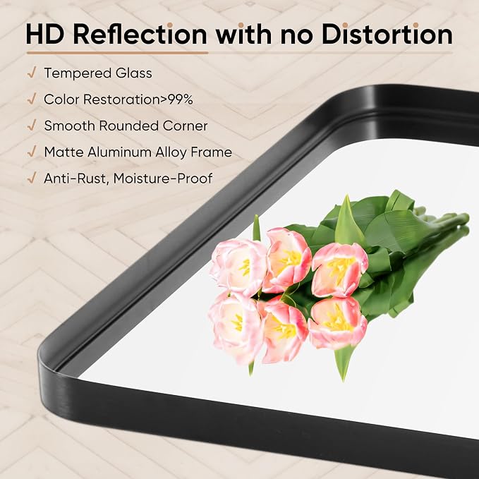 Sweetcrispy Bathroom Mirror, Vanity Mirror for Wall, 24x36 Inch | Rectangle Wall Decor for Entryway, Bedroom, Vanity, Anti-Rust, Horizontal or Vertical Hanging, Black