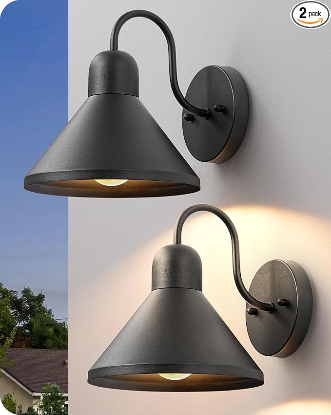 EDISHINE 2 Pack Outdoor Wall Light, 8IN Gooseneck Barn Light Fixture, Farmhouse Outside Wall Sconce, Black Matte Wall Mount Lantern for Porch, Entryway, Garage