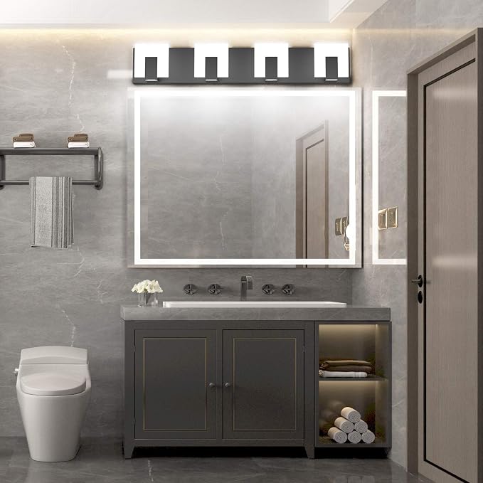 Aipsun 4 Lights Modern Black Vanity Light Up and Down Black Bathroom Lighting Fixtures LED Bathroom Wall Light Over Mirror 6000K