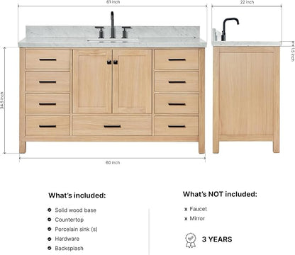 ARIEL Cambridge 60-inch Bathroom Vanity with Sink,Solid Wood, 1.5-inch Italian Carrara Marble Countertop, Single Rectangular Porcelain Sink, 2 Soft Closing Doors, 9 Dovetail Drawers, White Oak