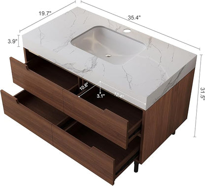 36 Inch Modern Bathroom Vanity with Undermount Sink, 2-in-1 Wall Mounted & Free-Standing Bathroom Vanity Cabinet with Sintered Stone Top & 4 Drawers, Walnut Wood Single Sink Bathroom Vanities